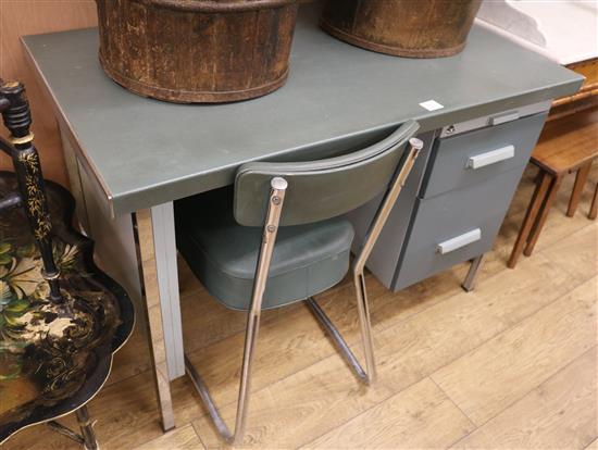 A vintage metal desk and a chair W.116cm
